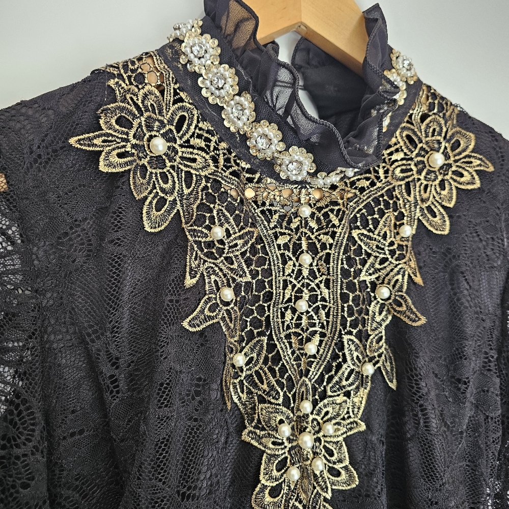 Feminine Lace Steam Punk Victorian Long Sleeve Black Blouse with Lace
